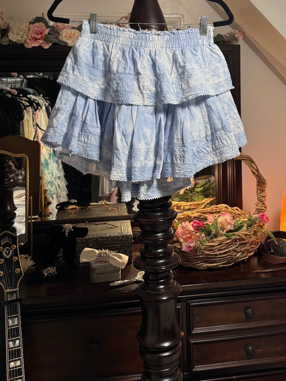 LoveShackFancy tie dye denim blue mini skirt Small
